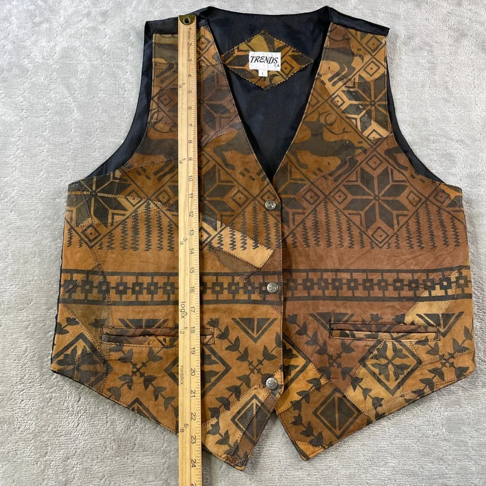 Vintage Trends Vest Large Brown Leather Holiday Patchwork Southwestern Western